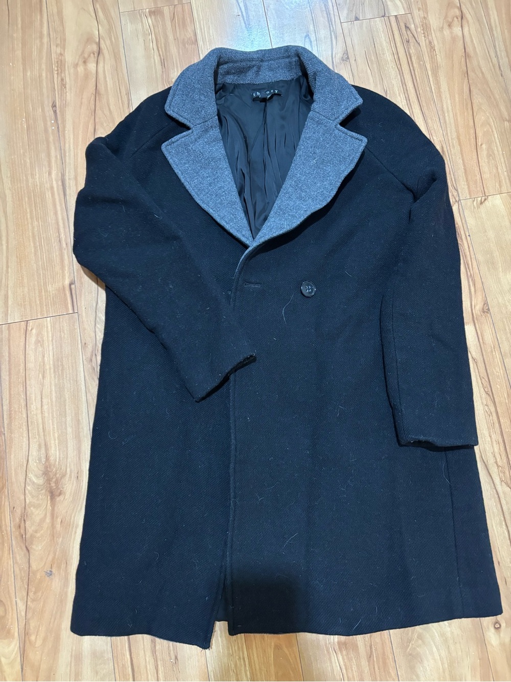 Women's Black Wool Blend Overcoat with Gray Contrast Collar